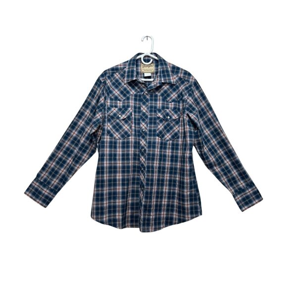 Wrangler Tops - Wrangler Western Button Down Tshirt Womens Large Blue Plaid Pearl Snap Cowgirl